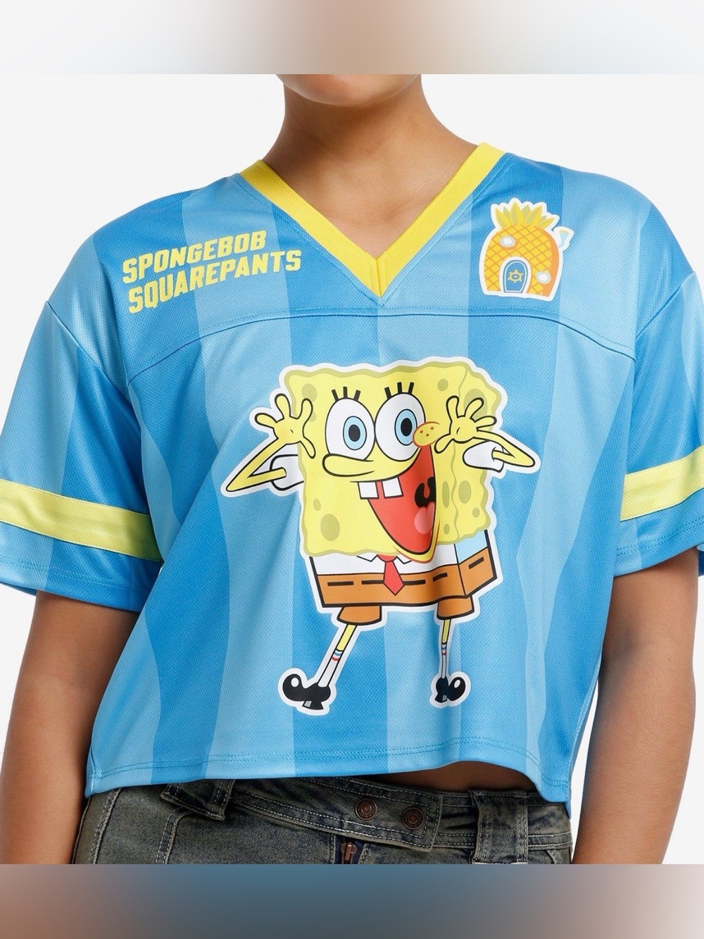 SpongeBob Squarepants Light Blue Cropped Jersey with Yellow Trim- New